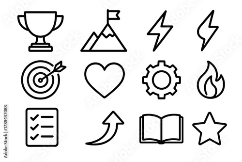 Icons of Achievement. Success Mindset linear icon set: trophy, flag, mountain, lightning bolt, target, heart, gear, checklist, arrow upward, book, star, flame.