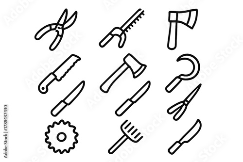 Garden Tools Icons. Garden Cutting Tools linear icon set: pruning shears, hedge trimmer, lopper, hand saw, axe, sickle, spade, knife, grass shears, saw blade, rake, machete. , .