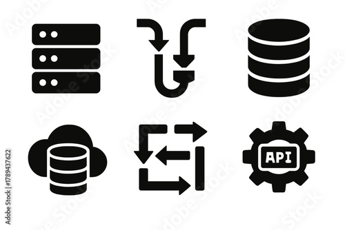 Bold Data Icons. Data Engineering silhouette icon set: server stack, ETL pipeline, structured database, API gear, storage cloud, workflow arrows.