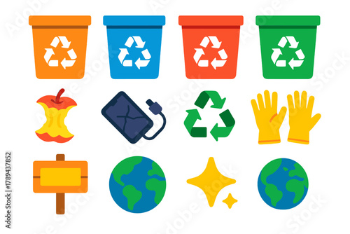 Vibrant Waste Sorting Icons. Waste Sorting flat icons: plastic bin, paper bin, metal bin, glass bin, compost bin, food waste, e-waste icon, recycling symbol, gloves, signboard,