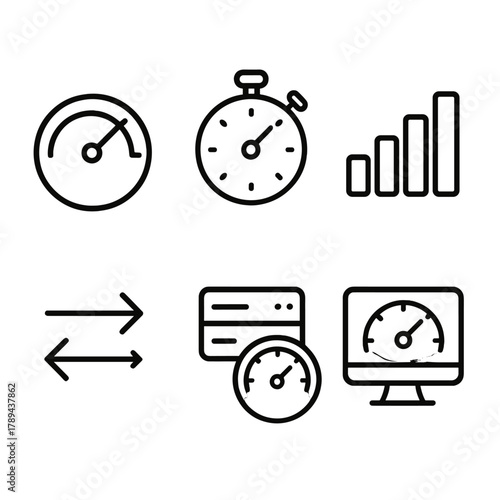 Network Performance Icons. Network Performance linear icon set: bandwidth meter, latency indicator, signal strength bars, data flow arrows, server speed icon, connection dashboard.