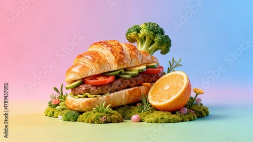 Gourmet burger with beef patty, croissant bun, vegetables on broccoli bed with orange slice, colorful gradient background, creative food art