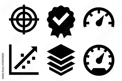 Model Accuracy Icons. Model Accuracy silhouette icon set: target icon, checkmark badge, accuracy gauge, precision chart, AI model layers, performance meter.
