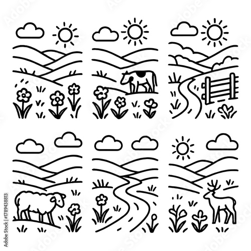 Serene Valley Icons. Green Valley linear icon set: grassy hills, flowers, grazing animals, blue sky, wooden fence, peaceful trail.