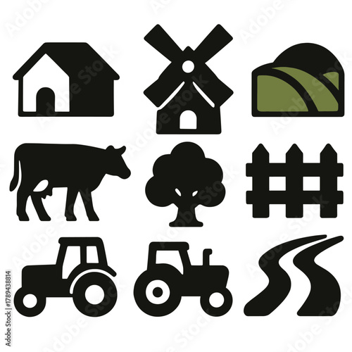 Brutalist Countryside Icons. Countryside Concept silhouette icon set: farmhouse, windmill, green hill, fence, cow, tree, tractor, dirt road.