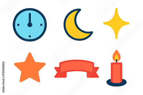 Midnight Minimal Icons. Hour of Midnight flat icons: Clock, Moon, Sparkle, Star, Ribbon, Candle.