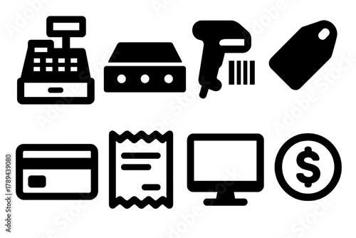 Brutalist Checkout Icons. Checkout Counter Set silhouette icon set: register, cash drawer, barcode scanner, tag, card, receipt, screen, coin.