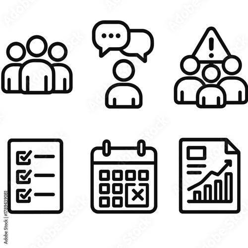 Crisis Management Icons. Team crisis handling linear icon set: group of people, chat bubbles, checklist, exclamation mark, calendar, document chart.