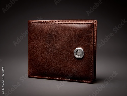 Brown leather wallet with metal button on gray background minimal luxury accessory design concept