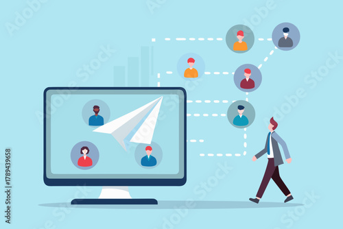 Businessman sending a digital message via computer network to connect with people around the world