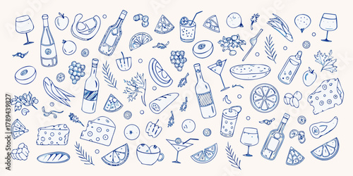Hand drawn doodle pattern of food and drinks featuring wine cheese fruit and cocktails