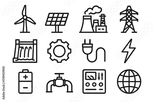 Energy Infrastructure Icons. Energy Infrastructure linear icon set: wind turbine, solar panel, power plant, transmission tower, water dam, gear, plug, lightning bolt, battery, pipe