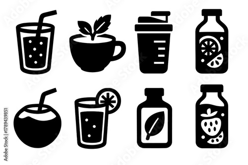 Bold Health Drink Icons. Health Drinks silhouette icon set: green smoothie, herbal tea, protein shake, infused water, coconut water, juice blend, herbal bottle, fruit infusion.