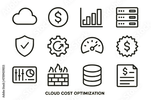 Cloud Cost Management. Cloud Cost Optimization linear icon set: cloud icon, dollar sign, data chart, server rack, shield emblem, optimization gear, performance gauge, savings badge