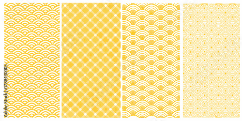 Four seamless yellow and white abstract geometric patterns with traditional japanese wave and circle motifs