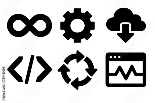 Brutalist DevOps Icons. DevOps silhouette icon set: infinity loop, gear icon, code brackets, cloud deployment, automation arrows, monitoring dashboard.
