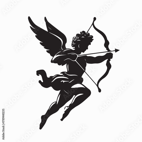 Mythological Cupid with Bow and Arrow Logo Vector on white background