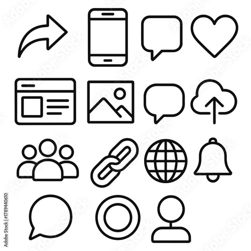 Digital Social Icons. Social Sharing linear icon set: share arrow, smartphone, chat bubble, heart icon, post window, photo frame, comment bubble, cloud upload, followers group,