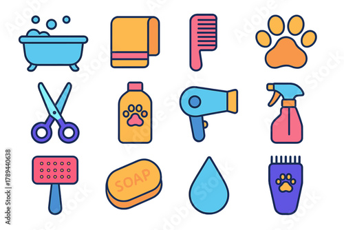 Pet Grooming Icons. Pet Grooming flat icons: bathtub, towel, comb, paw print, scissors, shampoo, dryer, spray bottle, grooming brush, soap bar, water droplet, pet clipper.