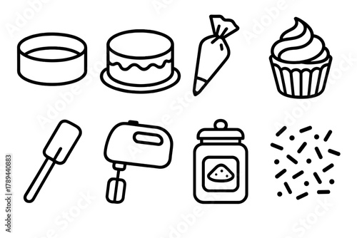 Baking Essentials Icons. Cake Baking linear icon set: cake pan, frosting, piping bag, cupcake, spatula, mixer, sugar jar, sprinkles.
