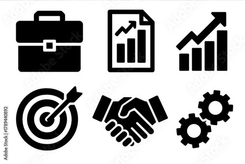 Bold Accountability Icons. Business accountability silhouette icon set: briefcase, document chart, bar graph, target board, handshake, gears.