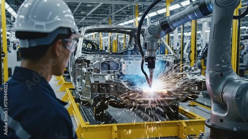 Rear View of Engineer Overseeing Robotic Arm Welding Car Frame in Automotive Factory with Protective Gear and Sparks Flying Around on a Conveyor Belt System 188