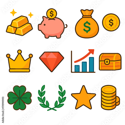 Icons of Prosperity. Wealth and Prosperity flat icons: gold bars, piggy bank, money bag, coins, crown, jewel, chart growth, treasure, clover, laurel, star, coin stack.