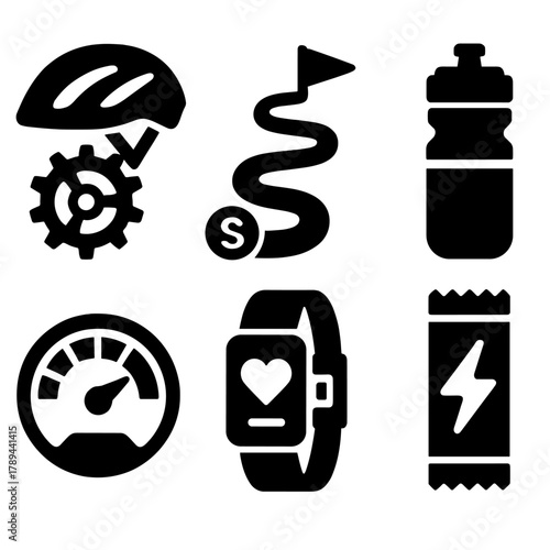 Athletic Endurance Icons. Athletic Endurance silhouette icon set: cycling gear, marathon path, hydration bottle, stamina gauge, fitness tracker, energy bar.