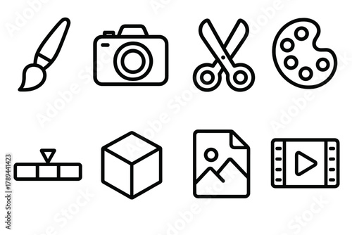 Creative Tool Icons. Multimedia Creation linear icon set: paintbrush, camera, editing scissors, color palette, timeline bar, 3D cube, image file, video clip.