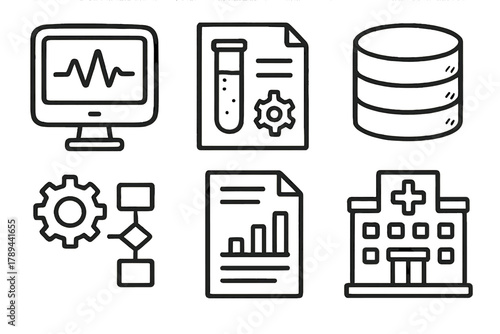 Clinical Software Icons. Clinical Software outline icons: computer monitor, lab results, database icon, workflow gear, report document, hospital building.