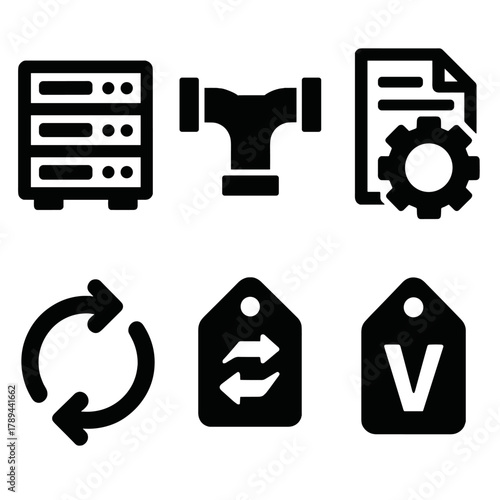 Brutalist Deployment Icons. Software Deployment silhouette icon set: server rack, pipeline icon, build gear, release note, automation arrows, version tag.
