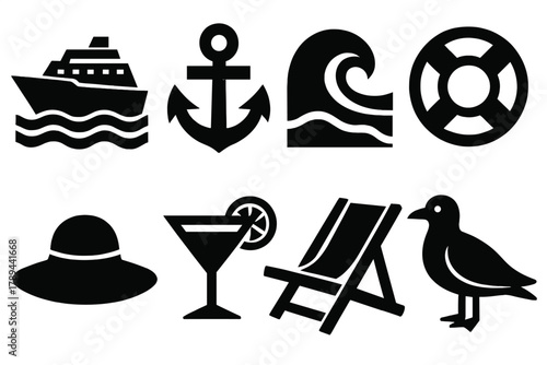 Brutalist Cruise Icons. Cruise Concept silhouette icon set: cruise ship, anchor, ocean wave, lifebuoy, sun hat, cocktail glass, deck chair, seagull.