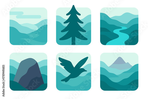 Foggy Valley Vista. Foggy Valley flat icons: Mist, Pine Tree, River, Rock, Bird, Distant Mountain.