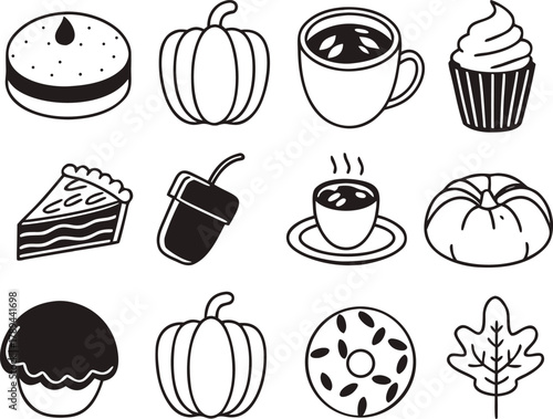 Autumn harvest doodle line art icons set, fall foods and nature.