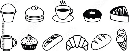 Sweet treats, hot beverages, and baked goods simple line icons