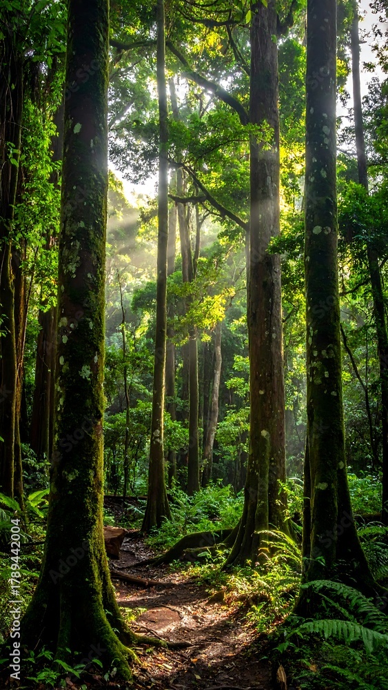 Obraz premium A serene forest scene featuring tall trees, a path, and dappled sunlight filtering through the canopy. The vibrant green evokes tranquility