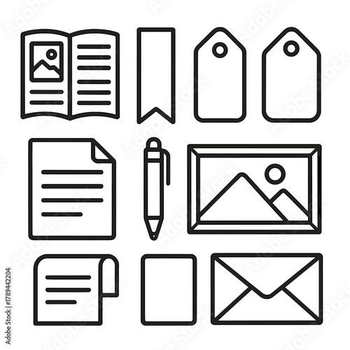 Black Line Icons. Printed Catalog Collection linear icon set: magazine, bookmark, tag, price label, paper, pen, image frame, envelope.