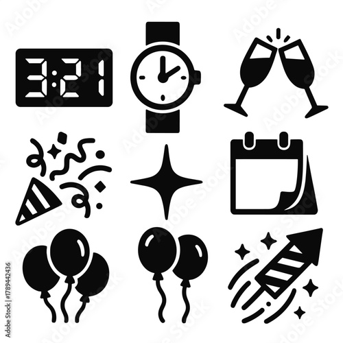 Celebration Icon Set. Celebration Countdown Symbols silhouette icon set: digital display 3-2-1, wristwatch, calendar page flip, champagne toast, confetti stream, sparkling star,