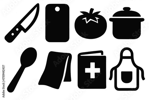 Bold Cooking Icons. Beginner Cooking Collection silhouette icon set: knife, cutting board, tomato, pot, spoon, towel, recipe book, apron.