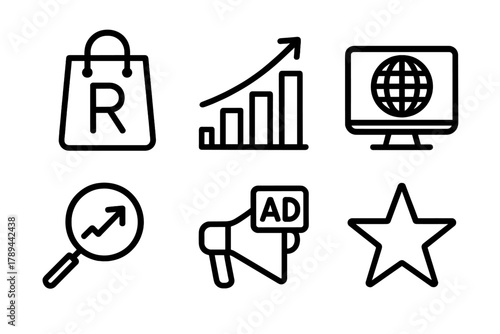 Digital Marketing Icons. Brand Presence linear icon set: company logo, marketing graph, website analytics, search ranking, ad campaign icon, reputation star.