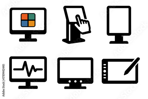 Brutalist Display Icons. Professional Displays silhouette icon set: color-calibrated monitor, touchscreen kiosk, digital signage, medical display, broadcast monitor, graphic tablet