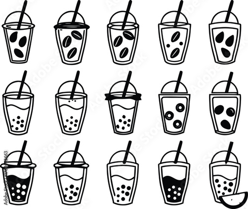 Bubble tea and refreshing beverage line art icons, coffee, boba