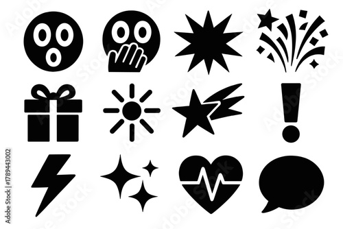 Surprise Icons Set. Emotional Surprise silhouette icon set: face with open eyes, hand over mouth, starburst, confetti explosion, gift box, glowing light, shooting star, exclamation