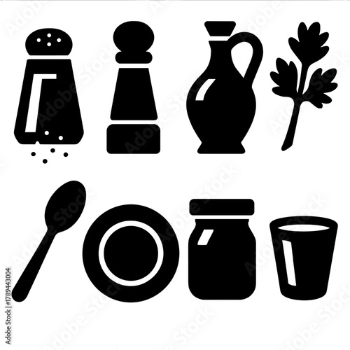 Chef's Icon Set. Chef’s Flavor Collection silhouette icon set: salt, pepper, vinegar bottle, herbs, spoon, plate, sauce jar, tasting cup.