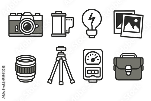 Vintage Camera Gear Icons. Vintage Photography Set linear icon set: film camera, roll of film, flashbulb, photo prints, lens, tripod, light meter, camera bag.