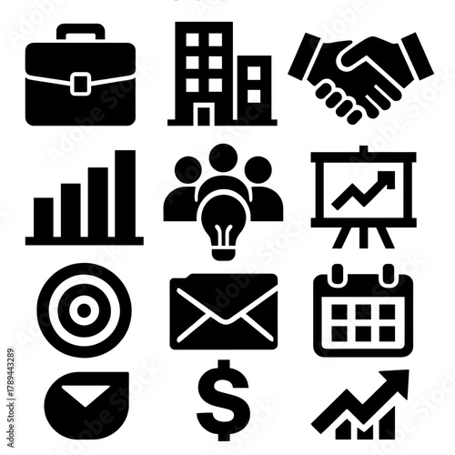 Bold Business Icons. Business Audience Reach silhouette icon set: briefcase, office building, handshake, presentation board, bar chart, team group, light bulb, calendar, target