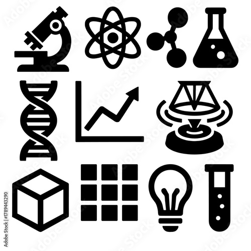 Bold Science Icons. Scientific Discovery silhouette icon set: microscope, atom, molecular model, lab flask, DNA helix, graph chart, hologram, satellite, 3D cube, data grid, light