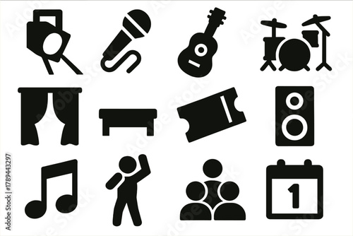 Stage Icons Collection. Stage Events silhouette icon set: spotlight, microphone, guitar, drum set, curtain, stage platform, ticket, speaker icon, music note, performer silhouette,