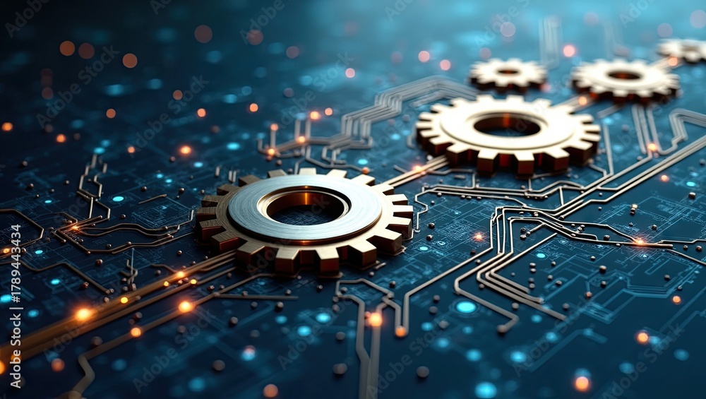 Fototapeta premium Mechanical gears are arranged on a circuit board, a digital representation showcasing technology and innovation, with a futuristic aesthetic and blue and gold color palette, creating a visually...