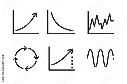 Market Icon Patterns. Market Patterns linear icon set: price trend, demand curve, volatility chart, buying cycle, forecast arrow, market rhythm.